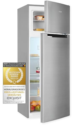 Exquisit KGC270-45-040D Kühlschrank mit Gefrierfach - 45 cm Inoxlook | Freistehende Kühlgefrierkombination mit 206 Liter - 4-Sterne-Gefrierfach - schmales Standgerät - Glasablagen - Silber