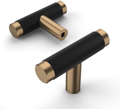 Amerdeco 10 Stück T-Bar Möbelknöpfe Schwarz-Gold Schrankknöpfe & Schubladenknöpfe für Schränke, Türen & Kommoden