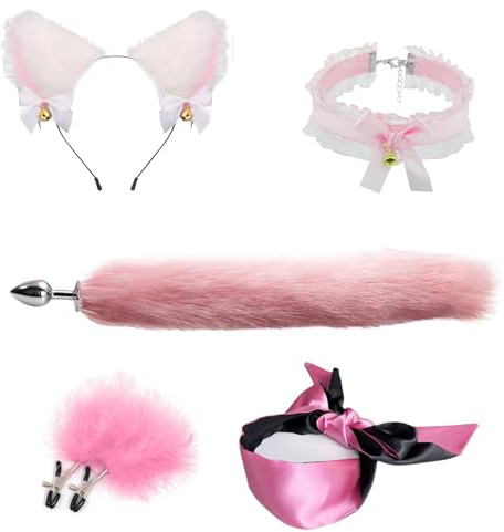AMZII Analplug Fuchsschwanz Diloschwanz Nippelklemmen Brustwarzen(Pink) | Anal Plug Paaren Cosplay 5er Set,Buttplug & SM Augenmaske & Halsband Frauen Sex & Katze Ohren,BDSMs Fesseln Sex Set