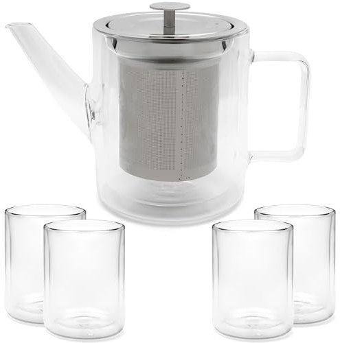 Bredemeijer kleine gläserne doppelwandige Teekanne 1.0 Liter - isolierende Glaskanne Set mit Edelstahl-Teefilter und 4 Teegläser aus Glas (je 290 ml)