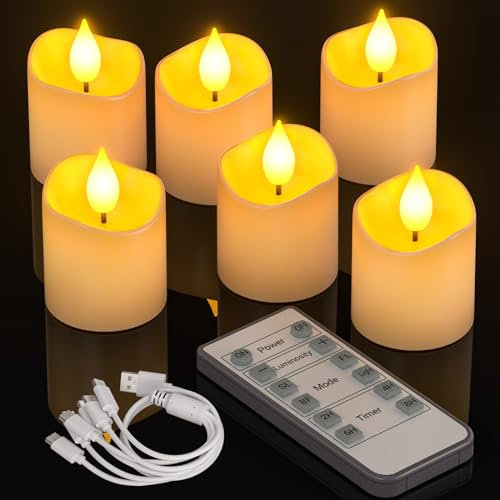 PChero Velas de té LED recargables con temporizador y mando a distancia, 6 unidades de velas votivas LED eléctricas parpadeantes sin llama con función de temporizador para Halloween Año Nuevo