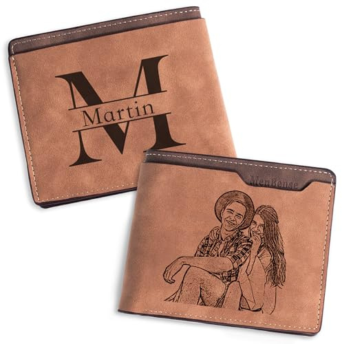 Easycosy Portefeuille Homme Personnalisé -Cadeau Papa Fete des Peres Porte Monnaie Personnalisable avec Photo et Nom Gravés Porte-Cartes en Cuir pour Mari Petit Ami Papa Homme Cadeau Anniversaire