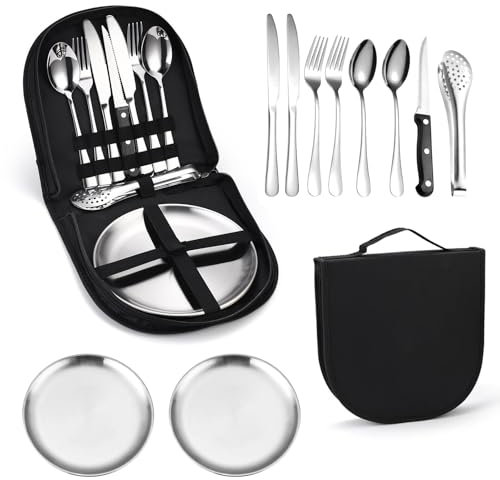 Sternstunde Set di stoviglie da campeggio, per 2 persone, 13 pezzi, portatili e durevoli, in acciaio inox, per esterni, campeggio, picnic, barbecue ed escursioni