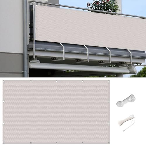 Balkonabdeckung 1.1 x 7.2 m Leicht Wind- Und Uv-Schutz Wetterfest Balkonverkleidung Wetterfeste Sonnenschutz Netz mit Ösen Und Kabelbinder für Balkon, Weiß