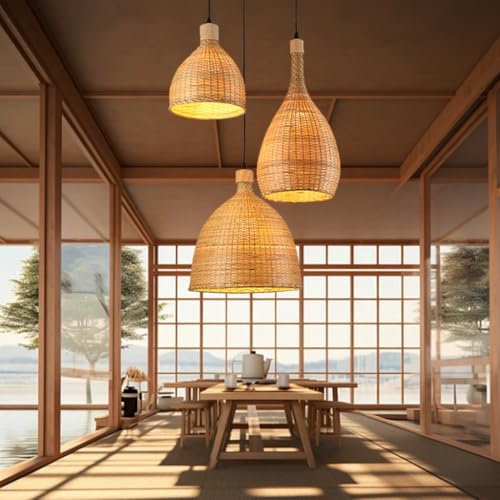 Pendelleuchte Esstisch Hängeleuchte Rattan 3 Flammig, Boho Lampe Rattan Hängelampe, E27 Kronleuchter Antik Landhaus Hängelampe Wicker Lampenschirm Wohnzimmer Esszimmer Küche Deckenlampe(3 light-05)