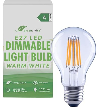greenandco Glühfaden LED Lampe | klar | dimmbar | E27 A60 | 7,2W 1521lm | ersetzt 100W | 3000K warmweiß | 320° | 230V | flimmerfrei | Energieeffizienzklasse A