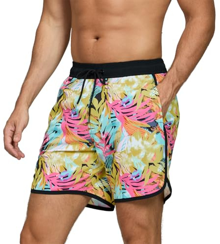 EDOTON Bañador para Hombre Bañador Pantalones Cortos de Playa de Secado Rápido Ajustables con Bolsillos Bañador con Estampado Unicolor Shorts de Baño para Natación (Hojas Coloridas,EU XL)