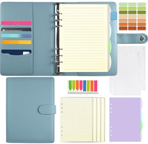 Qefuna A5 Ringbuch,Ringbuch A5 nachfüllbar mit180 Blatt A5 Nachfüllpapier, Bindetaschen und Unterteilungen, für Männer und Frauen，Blau