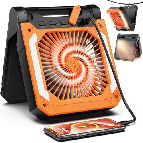 20000mAh Solar Camping Ventilator, Wiederaufladbarer Tischventilator USB Ventilator mit LED Licht & Haken, Batteriebetriebener Clip Ventilator für Outdoor Camping Stromausfall Angeln Hurricane