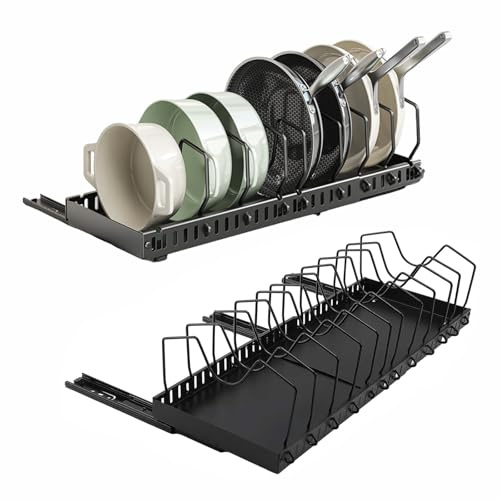 iFCOW Pan Organiser for Cupboard, 2 Pack Pull Out Pots and Pans Organiser | with 12 Adjustable Dividers, Heavy Duty Slide Out Pan Lid Holder & Kitchen Cabinet Storage Rack for Saucepans,Bakeware,Silent