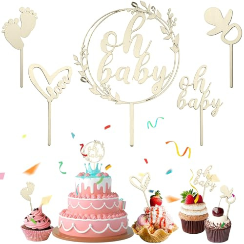 QOMJUFA Cake Topper Holz, Kuchen Topper Babyparty Tortendeko, Kuchenstecker für Baby Shower Eine Windeltorte Gender Reveal Partydeko