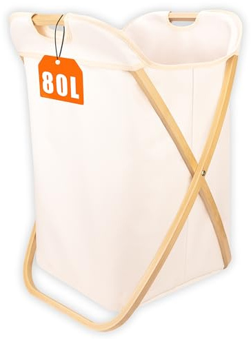 AURABOHO 80L Bamboo Laundry Basket – Large Foldable & Collapsible Clothes Hamper for Dirty Laundry, Ideal for Bedroom, Bathroom and Everyday Home Organisation Essentials