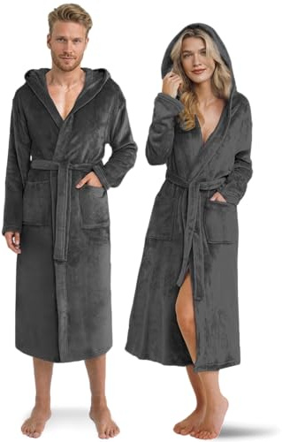Twinzen Damen & Herren Kuschelfleece Morgenmantel mit Kapuze XXL - Dunkelgrau - Weich, Warm & Bequem - Öko-Tex Standard 100 zertifiziert