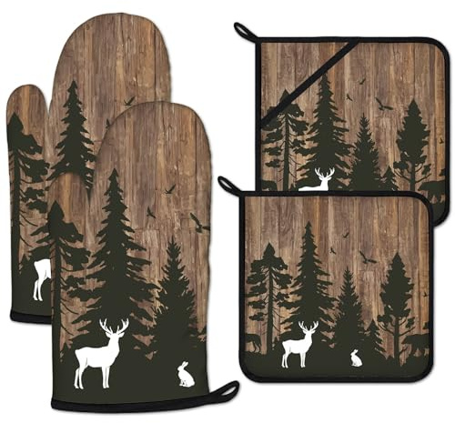 Deer Forest Wood Grain Oven Mitts and Pot Holders Sets Heat Resistant 4Pcs Potholders Oven Gloves Hot Pads for Kitchen Baking Cooking Grilling BBQ
