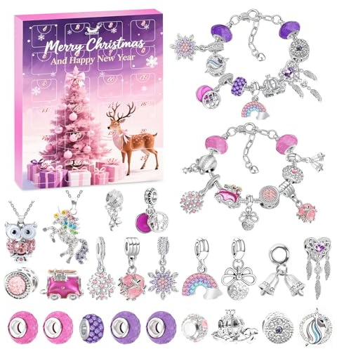 Calendario Adviento 2025 Joyas Niñas, 24 Cuadrículas Calendario de Adviento Kinder, DIY Pulsera Collar Kit Regalitos para Adviento Calendario Joyas, Manualidades Regalos Creativos 5-14 Años