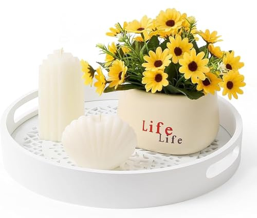 Plateau décoratif en bois - Poiglet rond 30x30x5cm, plateau de service rustique, conception de motif creux pour table à manger des collations des plants de desserts | Style de ferme, pour la cuisine e