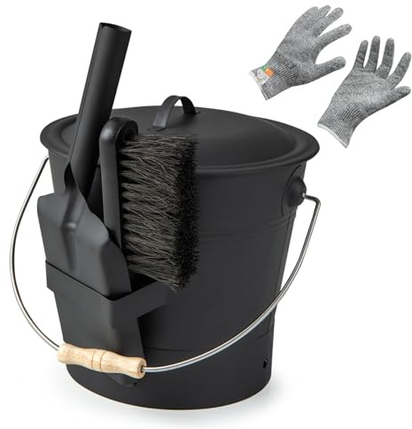 COSTWAY Ash Bucket with Lid & Cut-Resistant Gloves, 2 Gallon Fireplace Ash Tool Cleaning Set w/Shovel, Broom, Metal Coal Ash Can for Fireplace Fire Pits Wood Burning Stoves