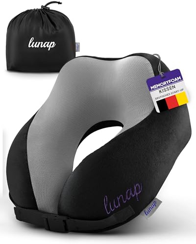 lunap Nackenkissen Flugzeug | Reisekissen Memory Foam atmungsaktiv + waschbar | Nackenhörnchen Erwachsene | Reisekissen Flugzeug, Auto | Travel Pillow Neck SCHWARZ | Kissen Reise wachbar