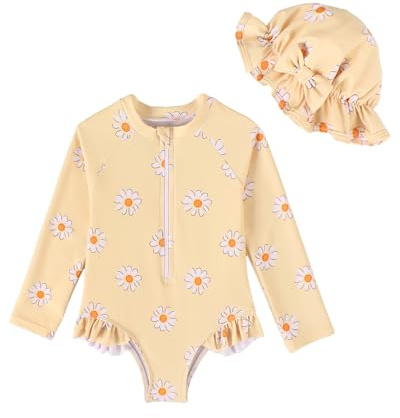 JiAmy - Bañador de bebé para niña con sombrero de sol de manga larga, protección UV, ropa de baño para bebé niña, traje de baño, Flores amarillas., 0-3 meses