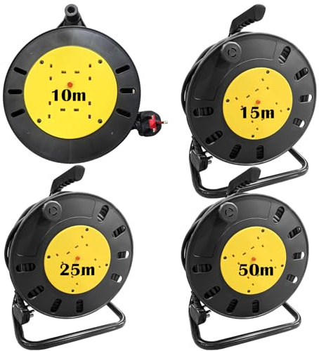 13A Electrical Extension Reel, 4 Sockets Cable Reel with Winding Handle Thermal Cut Out, Heavy-Duty Extension Lead with 10/15/25/50 Metre Cord - Yellow