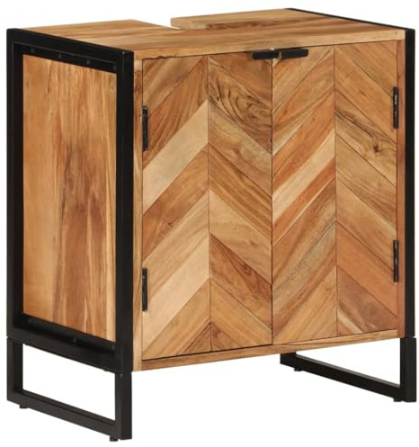 Bendmaxx Badskåp 55 x 35 x 60 cm av massivt akaciaträ med järnben, 2 dörrar, badrumsmöbler för ordning, förvaringsförvaring, badrumsskåp