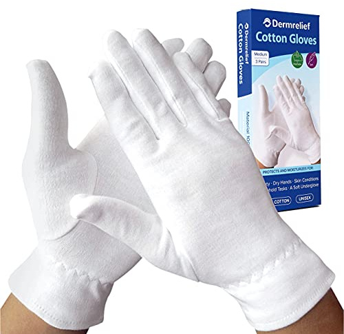 Dermrelief Cotton Gloves - for Beauty, Dry Hands, Eczema, Dermatitis and Psoriasis (Medium, 3 Pairs)
