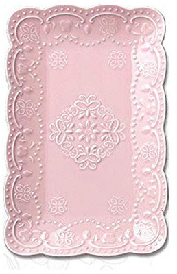 YBK Tech Elegant Rectangle Embossed Lace Plate Bone China Dessert Plate Ceramic Plate for Breakfast Afternoon Tea (Pink, 10-inch)
