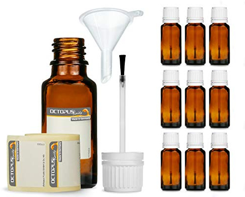 10 x 20 ml Pinselflaschen mit montierten Pinsel, Braunglasflasche mit Pinselverschluss, Nagellackflasche, z.B. für Lacke, Farben, Kleber, Öle