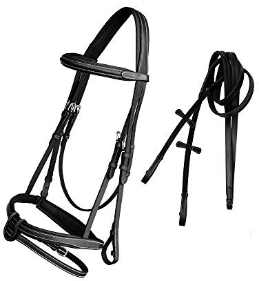 Exion - Briglia da salto comoda e morbida foderata, con flash staccabile e redini in gomma, briglia inglese anatomica per cavalli (nero, sopra)