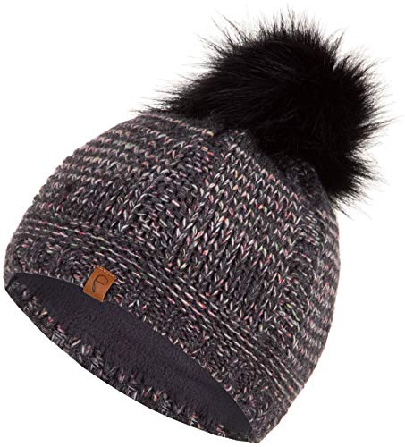 Faera Wintermütze Buntgarn gefüttert mit Kunstfell Bommel-Mütze Fleece-Futter Winter Strick-Mütze Beanie-Mütze Damen Herren One-Size 01, Farbe:Anthrazit
