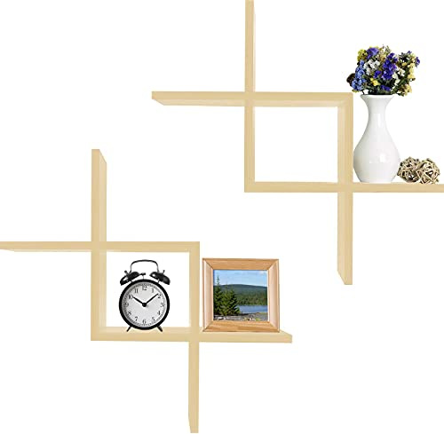 Greenco Set of 2 Criss Cross Intersecting Wall Mounted Floating Shelves- Natural Finish