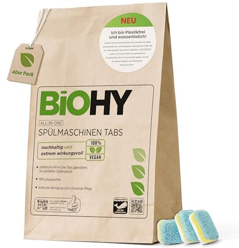 BiOHY All-in-One Dishwasher Tabs (40 Tabs) | Phosphate and Plastic Free Dishwasher Tablets | Powerful Eco Tablets for Daily Cleaning | Removes Stubborn Grease & Food Leftovers | Environmentally
