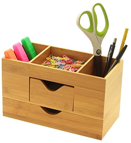 Woodquail Schreibtisch-Organizer Stifthalter mit 2 Schubladen, aus Natürlichem Bambus