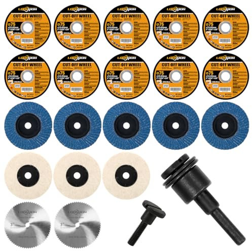 Trennscheiben, Fächerscheiben, Polierscheiben Set ∅ 75 x 9.5mm für Winkelschleifer Schneiden Polieren Schleifen Metall, Montagedorn für Schneideisen (20 Stück+1 Dorn)