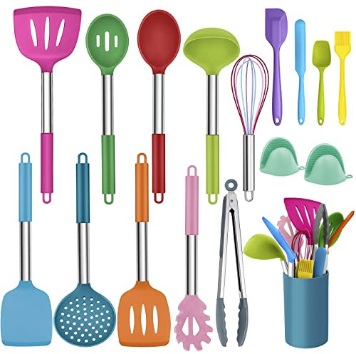 Küchenhelfer Set, Homikit 17 Stück Silikon Kochutensilien Küchengeräte Set, Antihaft Hitzebeständiger Kochbesteck Set mit Edelstahlgriff, Gesund & Langlebig, Spülmaschinengeeignet, Bunt