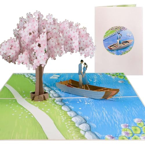 Sweetpopup® 3D Pop-Up Karte Kirschblüte mit Boot – Romantische Glückwunschkarte für Liebe, Verlobung, Jahrestag & Valentinstag – Für Paare & Verliebte /034