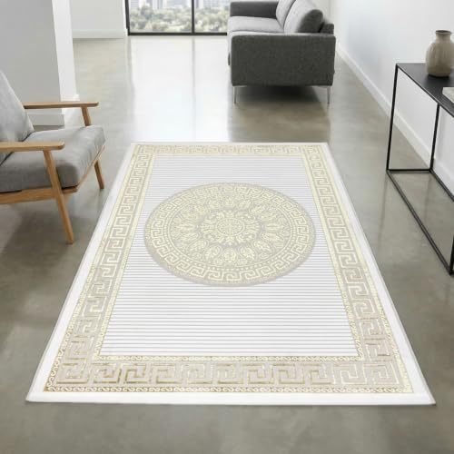 CARPETIA Teppich Orientmuster Creme Gold mit Glanzeffekt 80x150 cm | Pflegeleicht, strapazierfähig und schmutzabweisend, OEKO-TEX geprüft, für Fußbodenheizung, mit Glanzeffekt