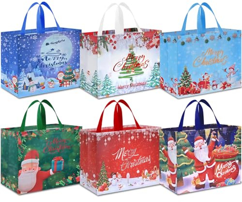 AhfuLife 6PCS Grand Sacs Cadeau de Noël, 40 x 36 x 15cm, Sac de Cadeaux Noël en Non Tissé, Pochette Fourre-tout avec Poignées, Sacs à Courses Réutilisables pour Fournitures de Fête