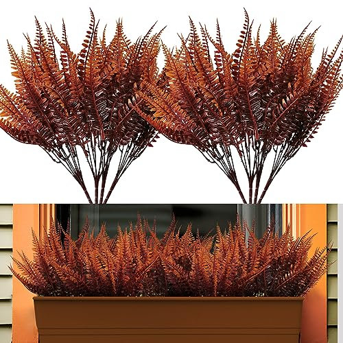 SNAILGARDEN Piante di felce finte autunnali, 8 pezzi, piante artificiali di felce di Boston, piante artificiali in plastica per esterni, arbusti verdi per portico anteriore, finestra, cesto da