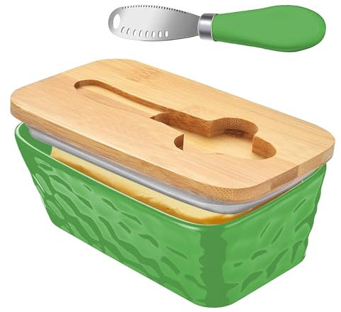 Lovelyduo Mantequera grande con tapa para encimera, recipiente de mantequilla de cerámica con soporte para cuchillos, doble sello de silicona, patrón de piedra, rectangular, verde