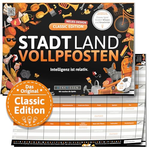DENKRIESEN Stadt Land VOLLPFOSTEN® - Classic Edition | Wortspiel für 2-50 Spieler | Familienspiel ab 12 Jahren | Stadt Land Fluss | Gesellschaftsspiel & lustiges Partyspiel im DIN A4 Format