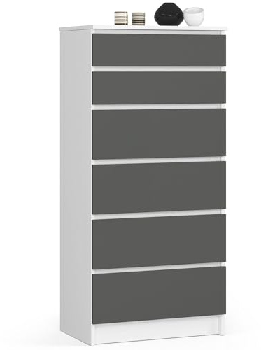 AKORD Kommode K60 mit 6 Schubladen | für das Wohnzimmer Schlafzimmer Schrank Büro Arbeitszimmer | Modernes Funktionales Design | B60 x H130 x T40 cm, Gewicht 43kg | Weiß/Graphitgrau