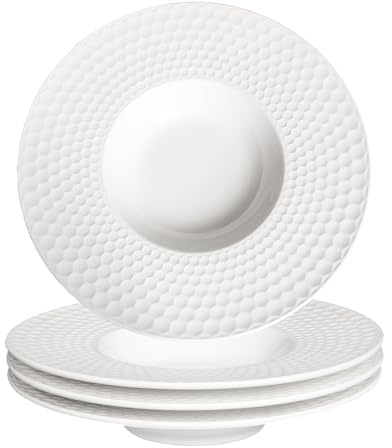 Creative home decor ceramic wide-rimmed soup bowls/plates, 5.3 oz pasta bowl set of 4, white embossed bowls and plates with rims, perfect for upscale restaurants, hotels and gourmets.