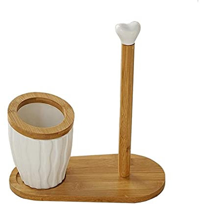 HASMI Toilettenpapierhalter Toilettenpapierhalter Bambus Holz Papiertuchhalter Stehend mit Keramik Tasse Küche Papier Kleiderbügel Rack Badezimmer Toilettenpapierhalter Klorollenhalter