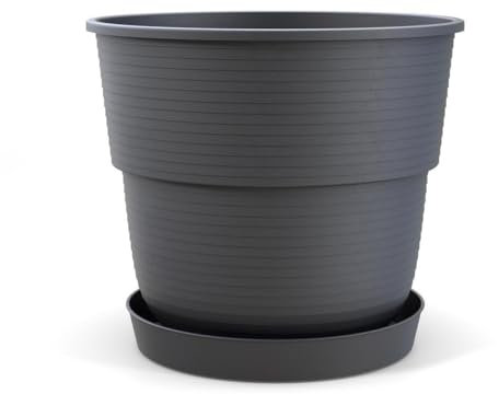 Plastard Blumentopf Milano 32 cm Durchmesser mit passenden Untersetzer Farbe Anthrazit Übertopf Blumenkübel für Garten Balkon Terrasse Pflanztopf