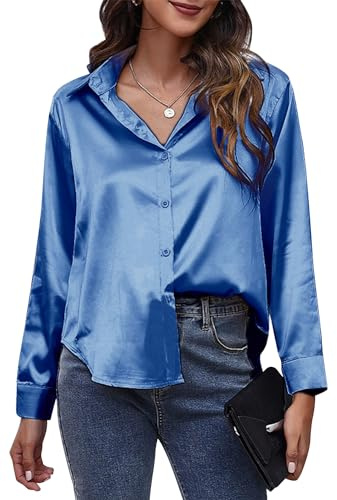 Maeau - Femme Chemise Satin Chemisiers à Manches Longues Élégante Top Décontracté Revers à Boutons Solide Chemisies d'affaires - Bleu - S