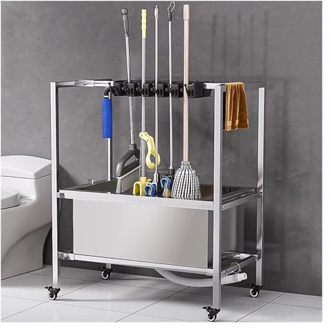 Beweglicher Besen-Mopp-Halter, Sackkarren-Besen, Regenschirm-Aufbewahrungsständer, Kommerzieller Reinigungswerkzeugwagen, Mit Armlehnen Und Ablassknopf ( Farbe : Silver , Größe : 47X100X98CM(20slots)