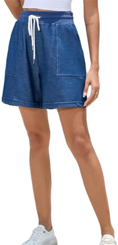 Shorts för kvinnor i 100 % bomull med dragsko pyjamas korta byxor elastisk justerbar dragsko med fickor sommar sportshorts för yoga jogging fitness, Jeansblå, M