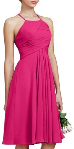 Vestido corto de gasa para dama de honor, plisado, cintura alta, sin mangas, vestido formal para fiesta de regreso a casa, rosa fucsia, 36