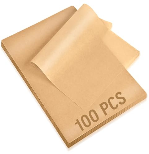 Lot de 100 feuilles de papier sulfurisé non blanchi de 22,9 x 33 cm pour la cuisson, la friteuse à air comprimé et la cuisson à la vapeur, feuilles de cuisson antiadhésives prédécoupées en quart de